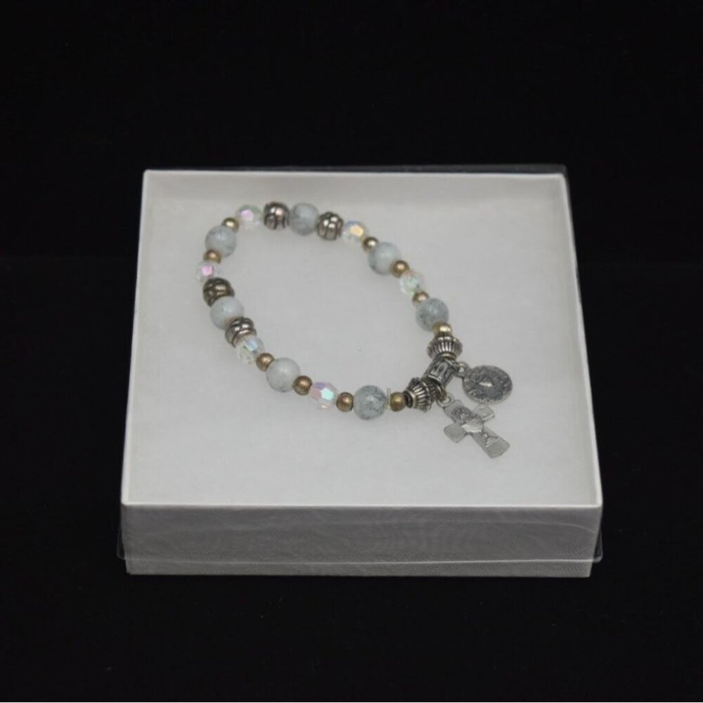 Religious First Communion Bracelet Silver Tone Chalice Cross Charm Glass Beads